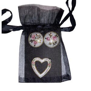 Vtg White & Pink Enamel 3 Piece Set in Gift Bag, Brooch + Button Earrings